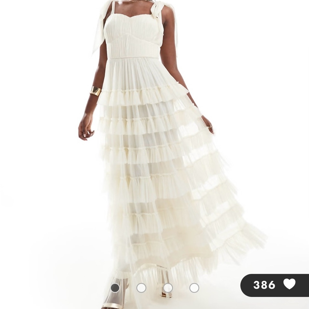 Lace & Beads Bow Ruffle Dress in Vintage Cream